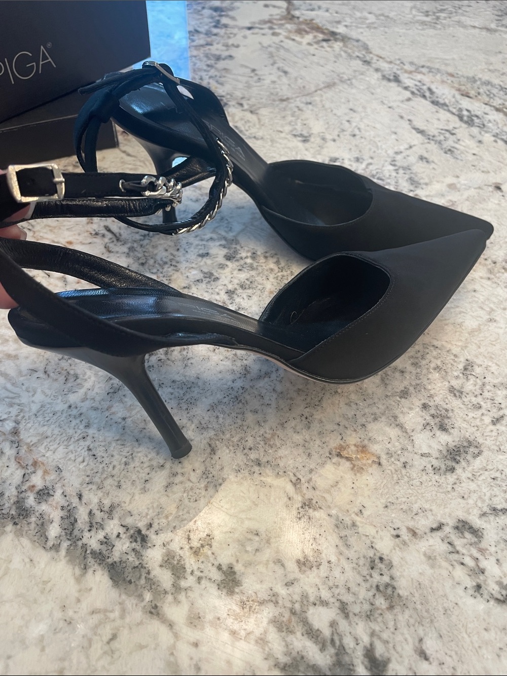Via Spiga Black Pointed-Toe Ankle-Strap Heels w/Chain Detail. Made in Italy! EUC